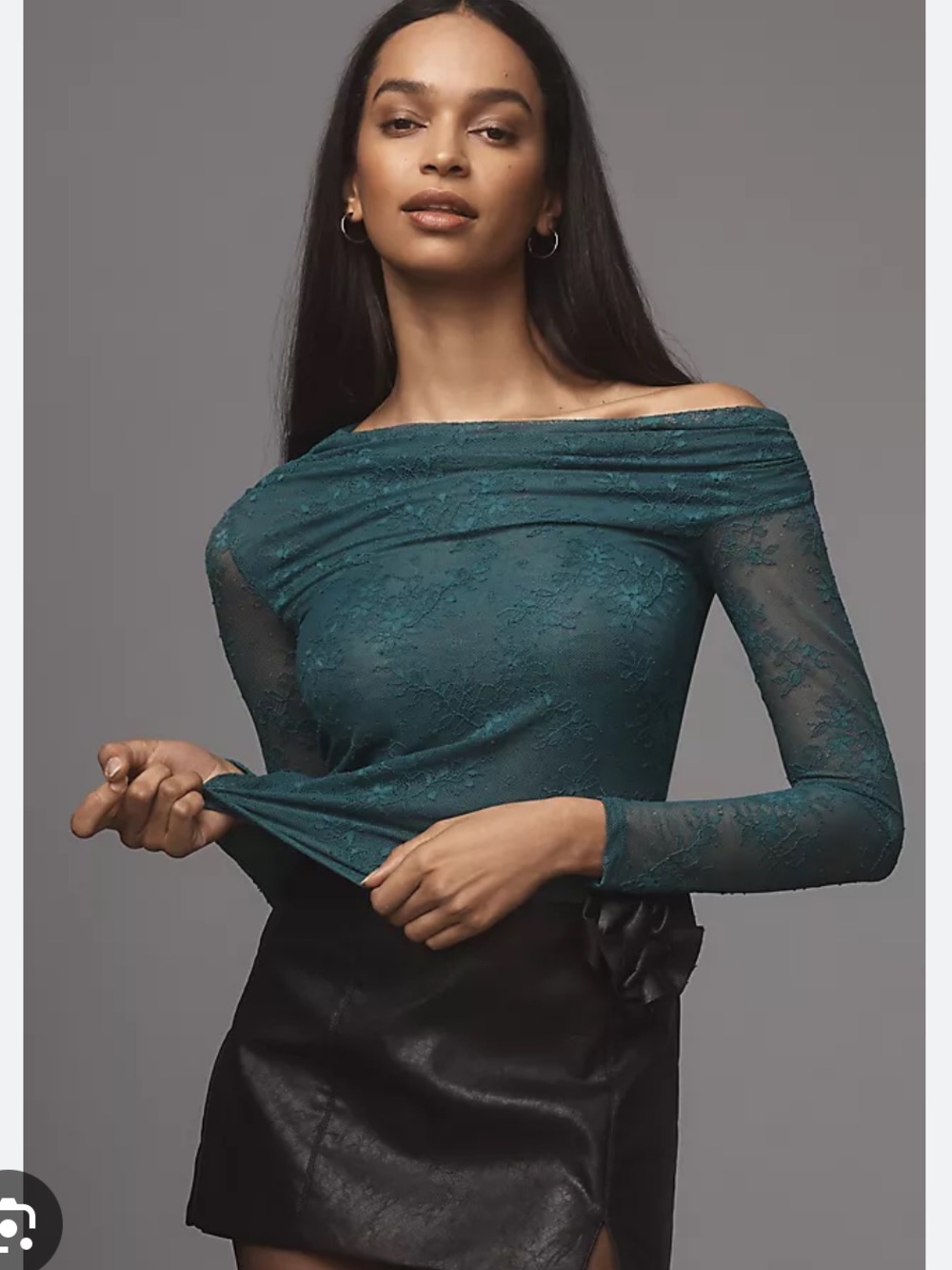 AFRM Lace Off-Shoulder Long Sleeve Top in Teal Green